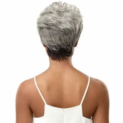Perruque Grise Naturelle Courte Theodora - Outré -Evolve Cosmetiques perruque grise courte naturelle cheveux humains outre theodora dos