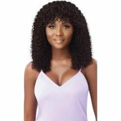 Perruque Cheveux Naturels Simona 20 Pouces - Outré -Evolve Cosmetiques perruque naturelle bouclee frange Simona face purple label outre